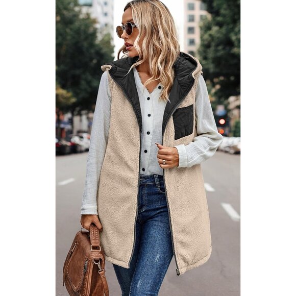 Women Long Puffer Vest: Fall Zip up Reversible Fleece Jacket 2025 Winter Warm Sl - Picture 2 of 7